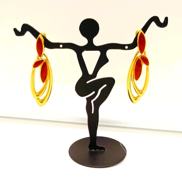 Trifari Vintage Red Enamel Dangle Earrings Gold Tone Leaf Post Drop Earrings - Picture 3 of 10